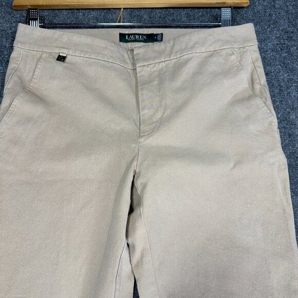 Ralph Lauren Pants Womens 4 Tan Stretch Flat Front Tapered Leg Zip Fly Pockets - Picture 3 of 8